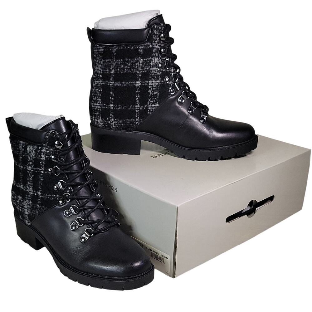 Marc Fisher Lanzia Leather Combat Boots Grey Black Plaid Womens Size 7.5 NEW